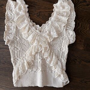ZARA Elegant Cream Lace Ruffle Top, Size L
